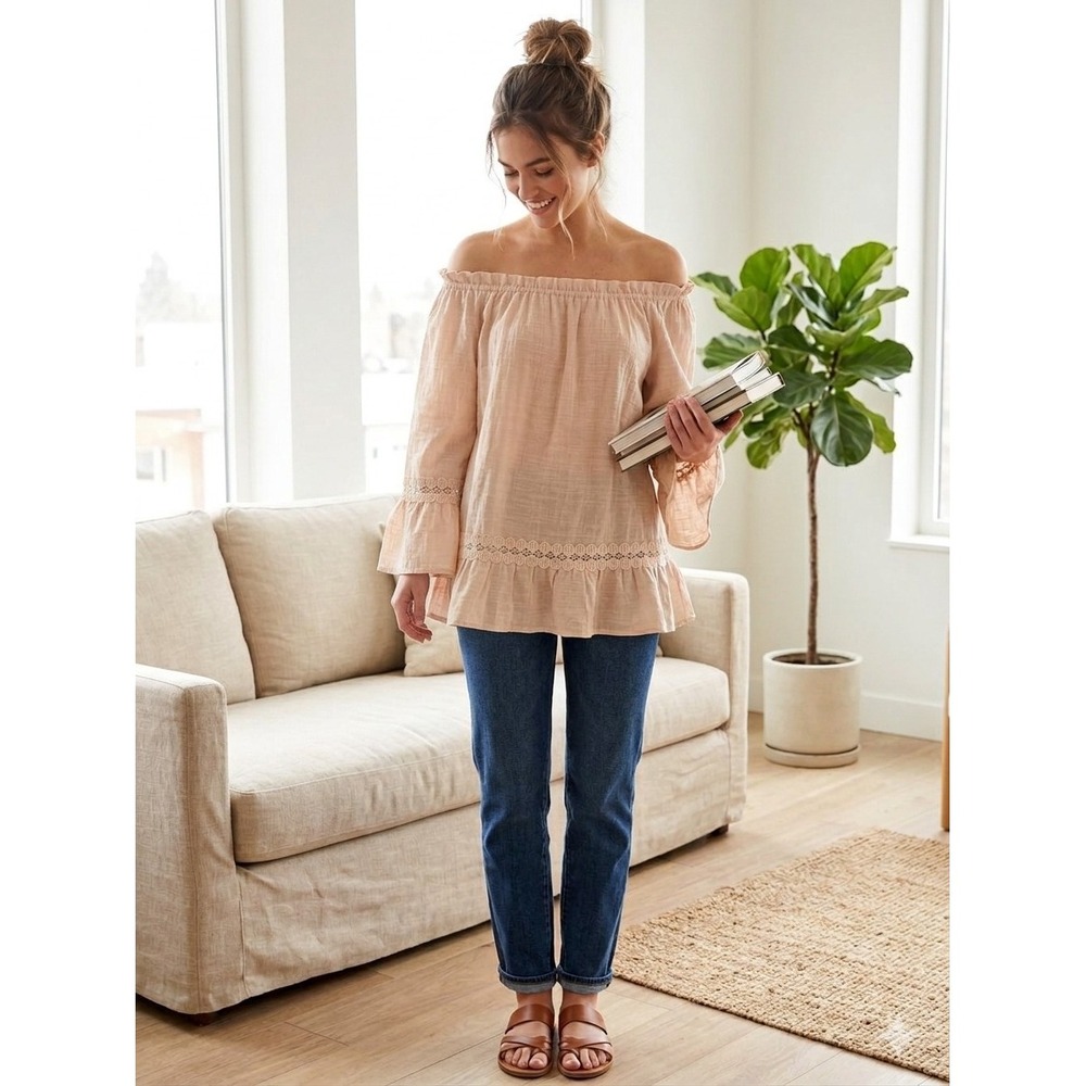 Spense Women's L Icelatte Crochet Trim Bell Sleeve Boho Chic Blouse Tunic NWT